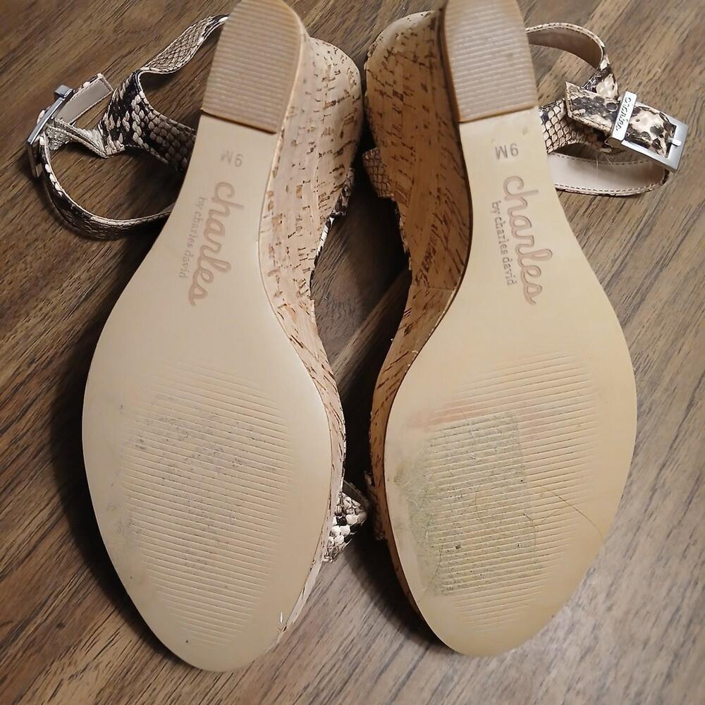 Strappy tan and brown snakeskin cork wedge platform‎ sandals, brand new, size 9 - Picture 3 of 5